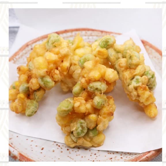ข้าวโพดหวานกับถั่วแระญี่ปุ่นเทมปุระ (4ชิ้น)